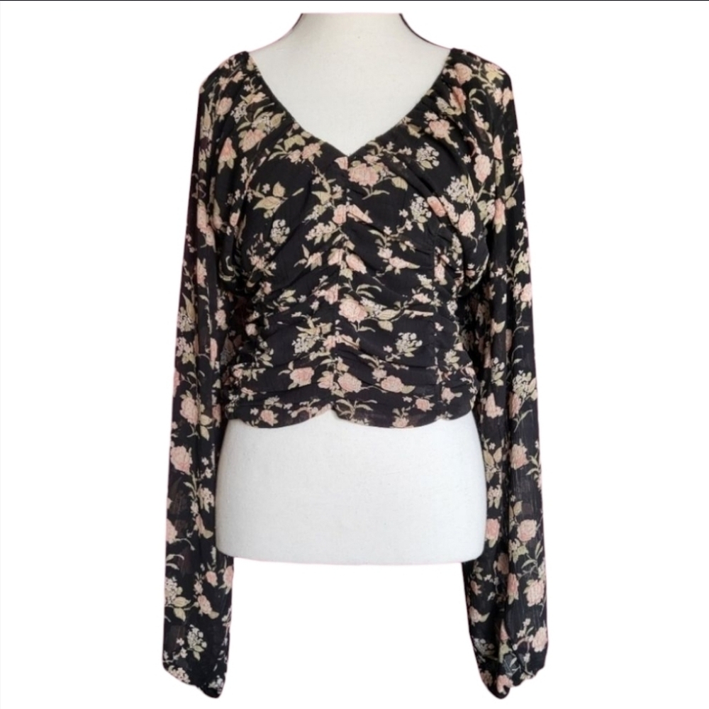Free People S Boho Stretchy Floral Black Pink Smocked Waist Womens  Cottage Top